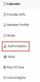 Image of the tabs available at left when a Patient search is performed and a Patient selected. Authorization is highlighted.